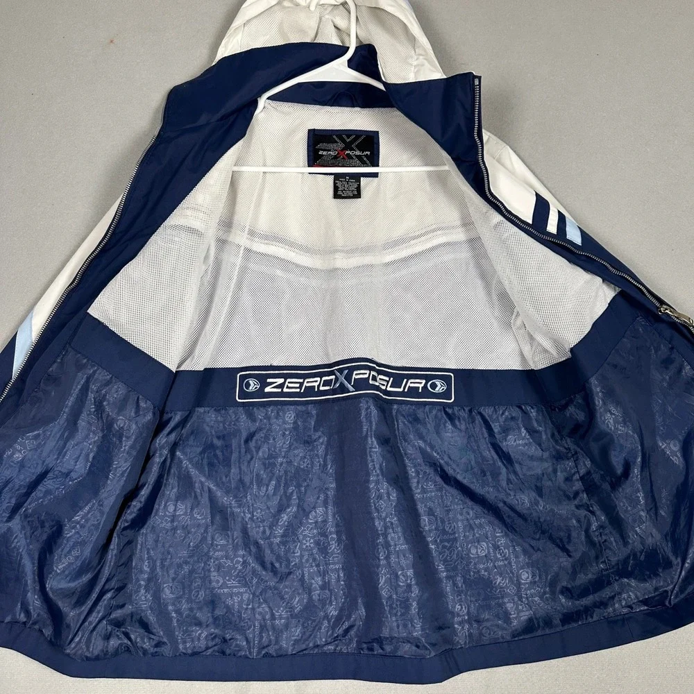 ZeroXposur Windbreaker Mens Medium Navy White Striped Hooded Mesh Lined EUC
